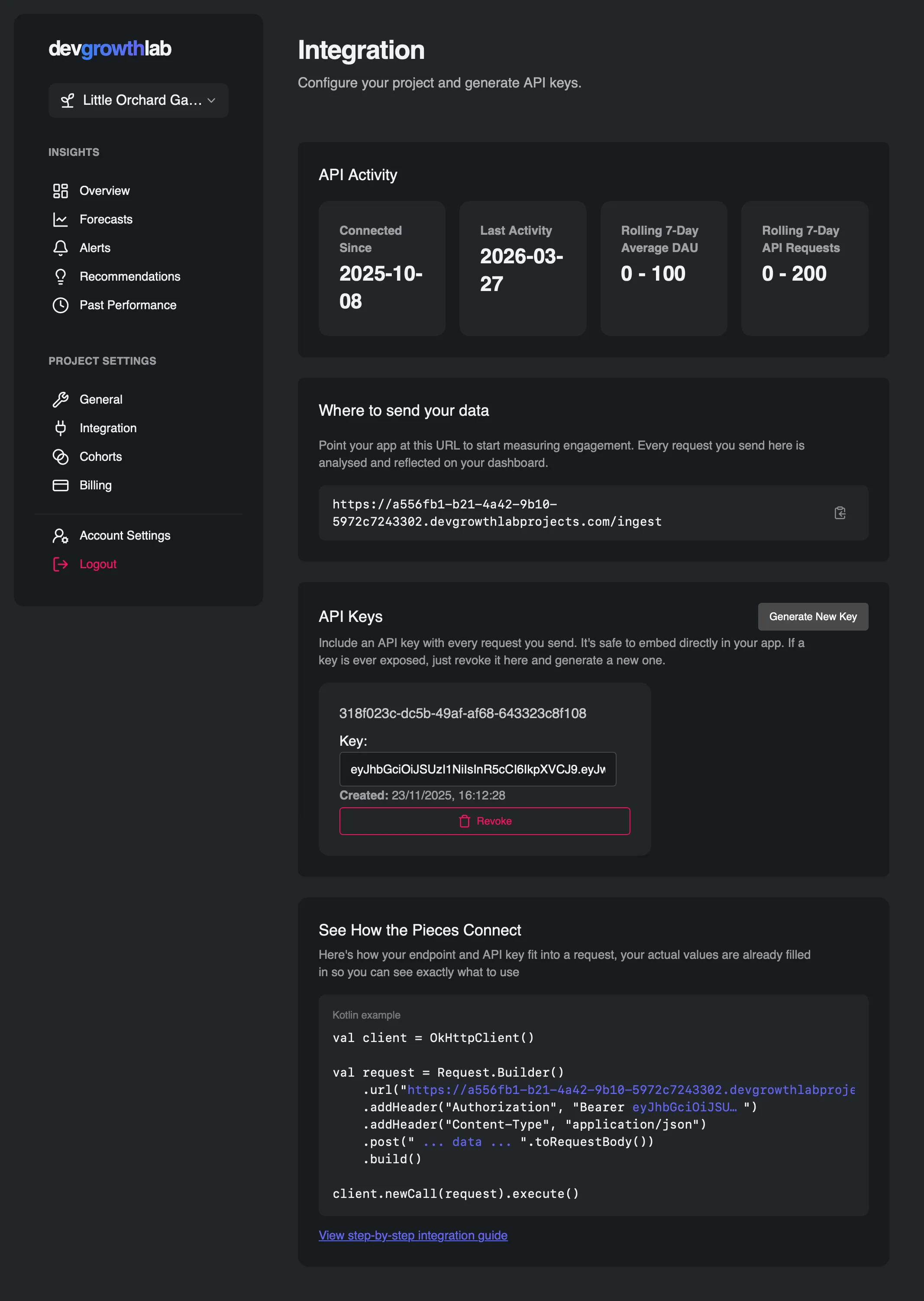 The ingestion page of the dashboard
